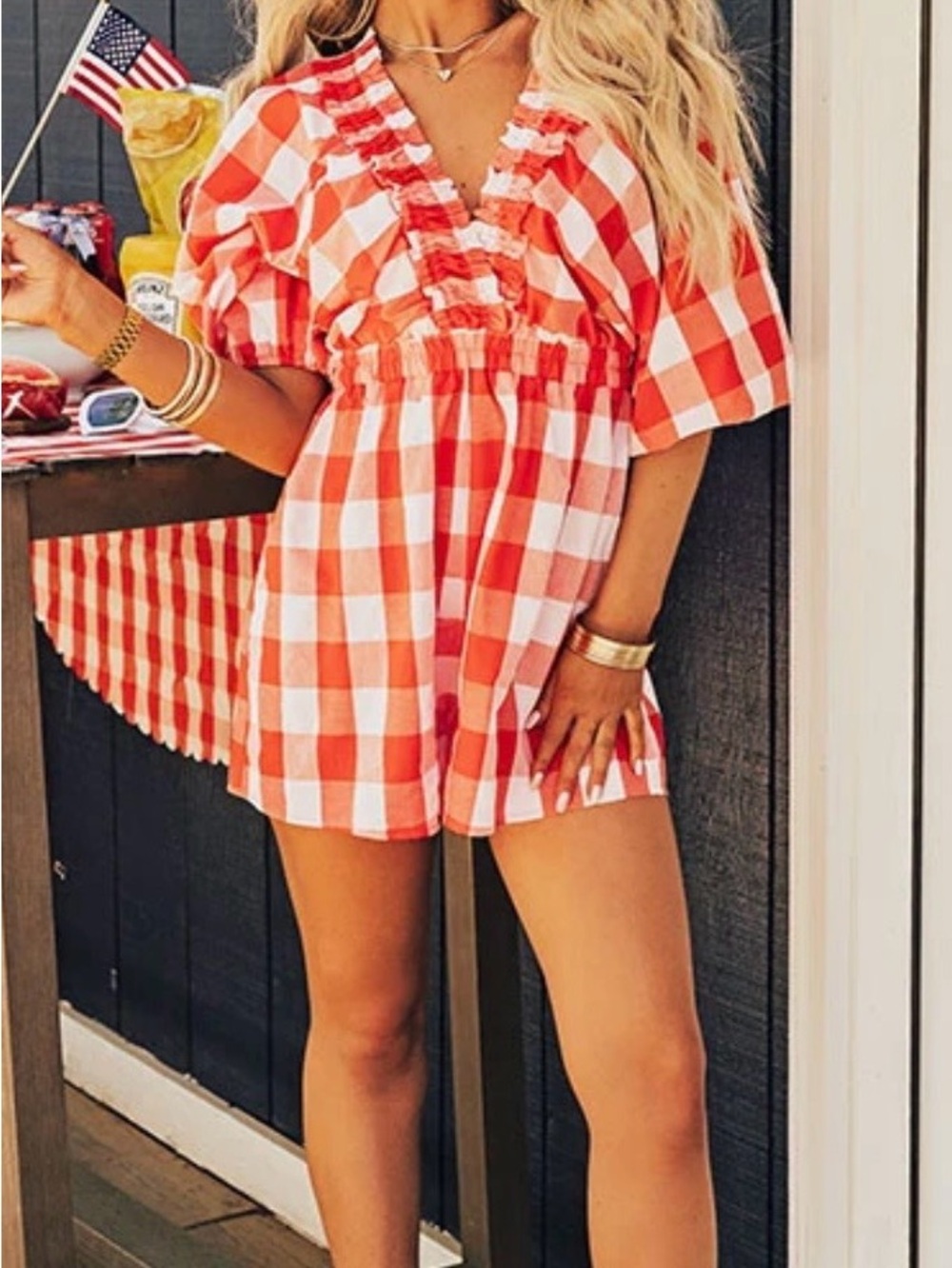 Orange Gingham V-Neck Romper with Ruffle Trim